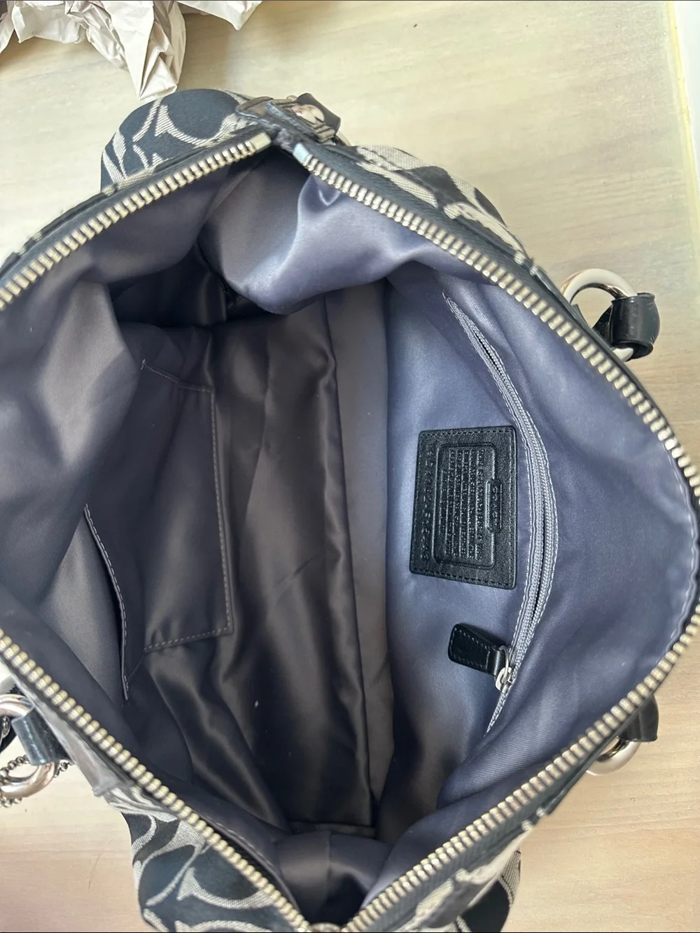 Coach Black & Gray Signature Satchel with Leather Trim